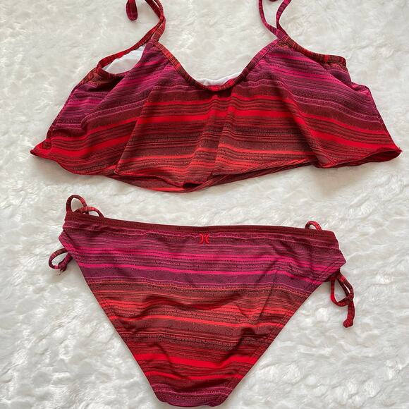 Hurley Bikini Two Piece Striped Tie Hip Flutter Top Summer Bathing Suit Medium - Picture 3 of 6